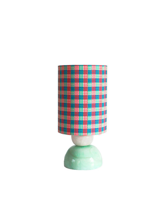 Lampe à poser vintage, pied en pierre bicolore et abat-jour imprimé