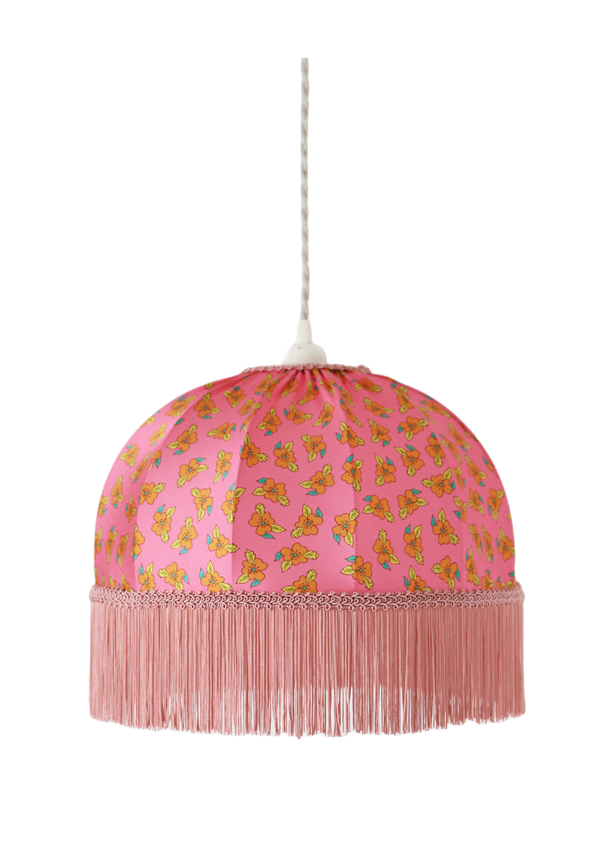 Suspension vintage textile imprimée, forme dôme avec franges