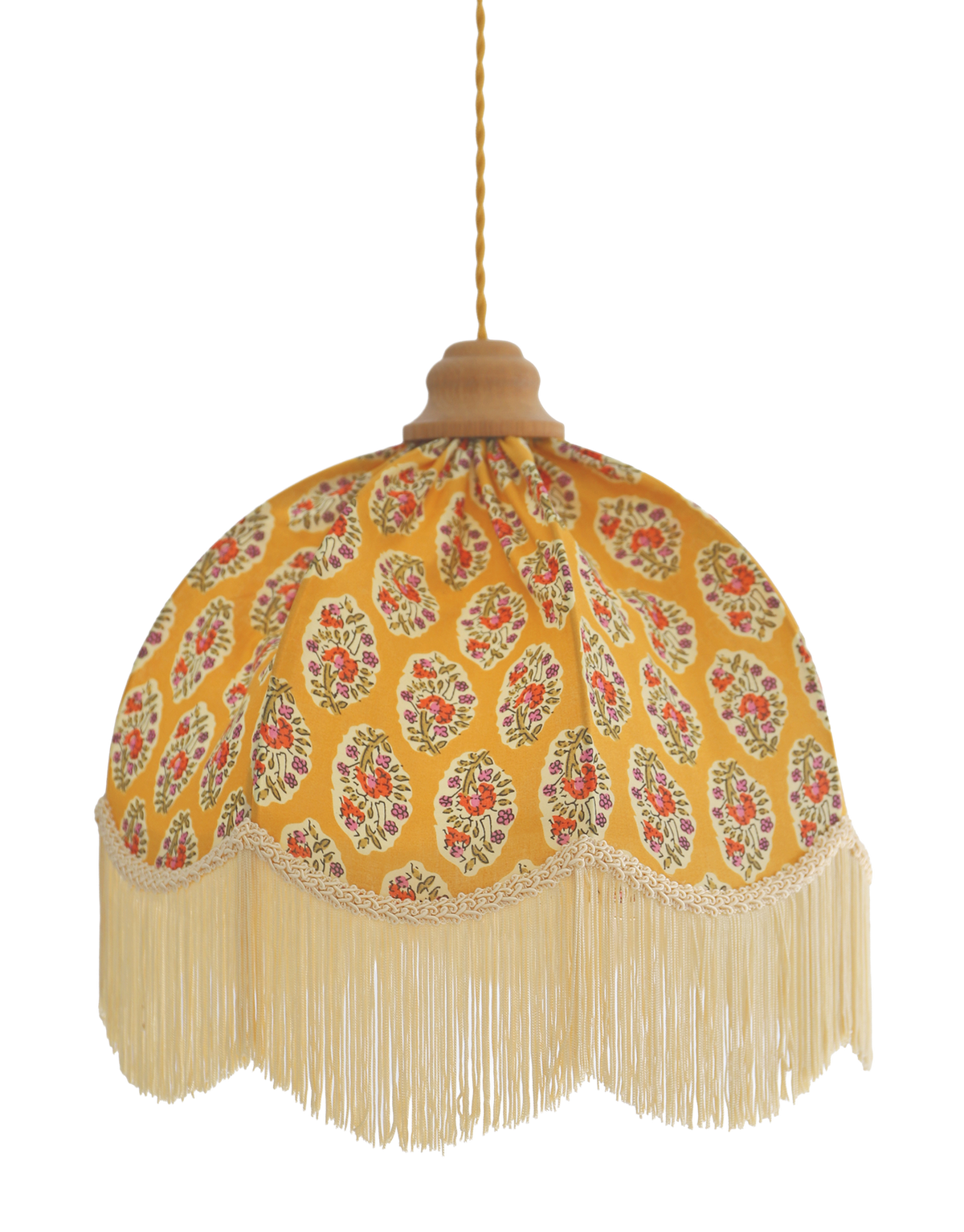Suspension vintage recyclée — Carcasse dôme et habillage Paisley moutarde
