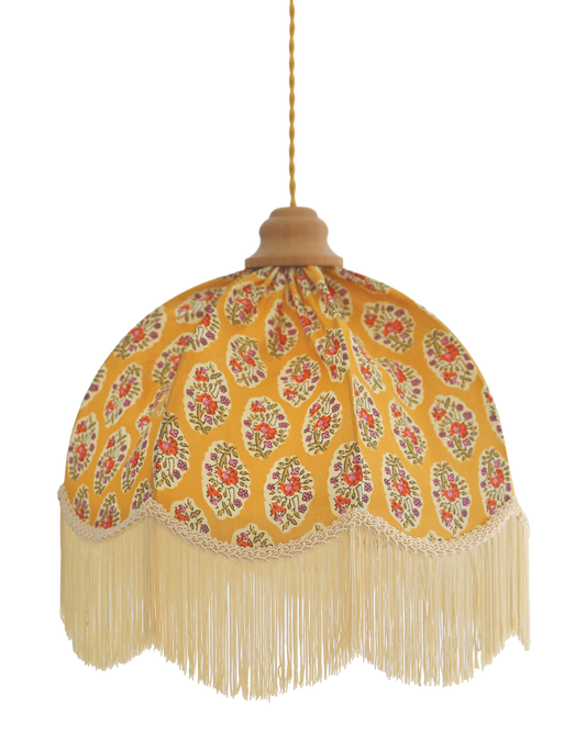 Suspension vintage recyclée — Carcasse dôme et habillage Paisley moutarde