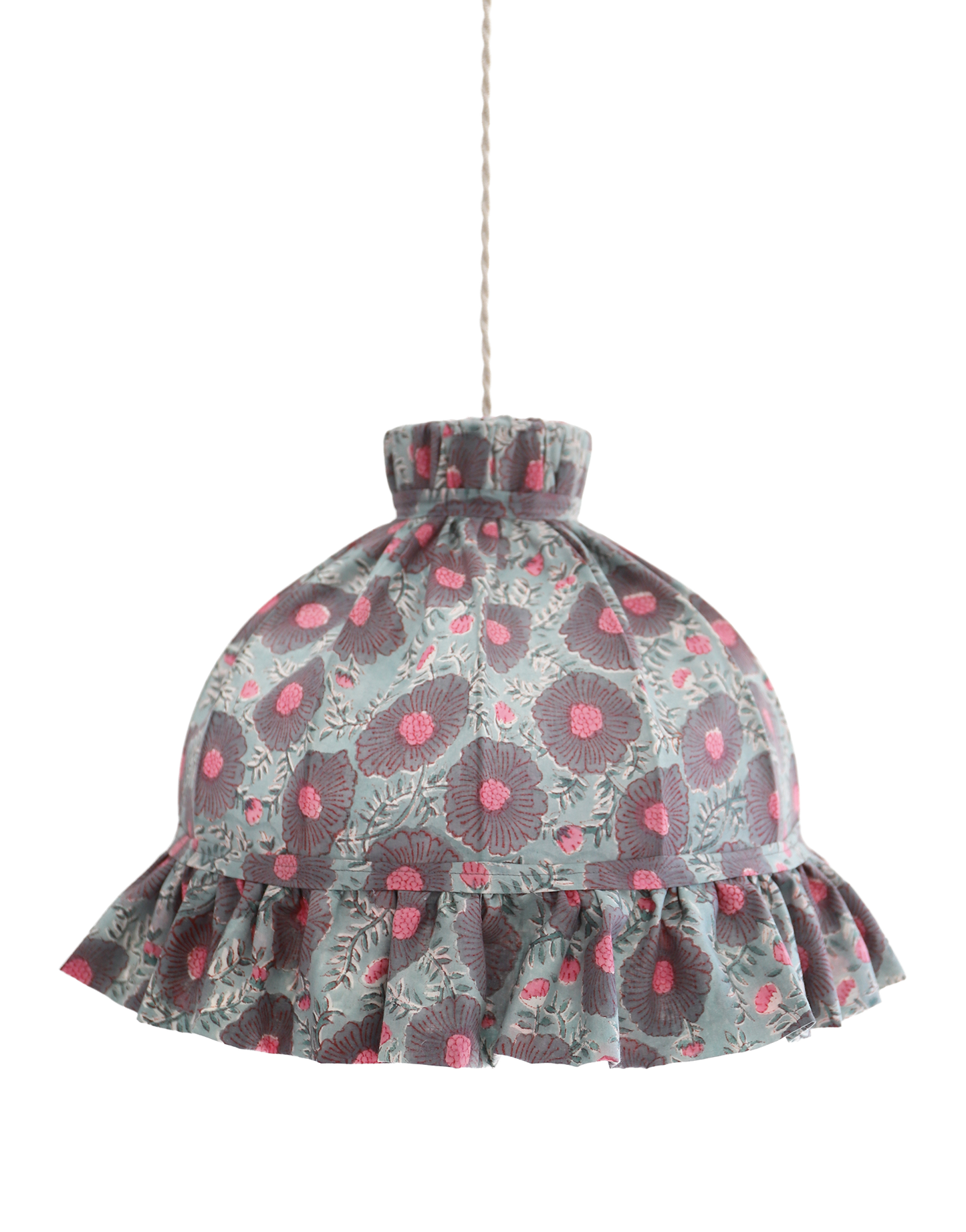 Suspension vintage recyclée — Carcasse dôme et habillage fleuri gris-bleu