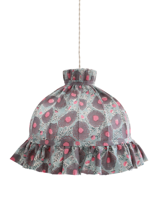 Suspension vintage recyclée — Carcasse dôme et habillage fleuri gris-bleu