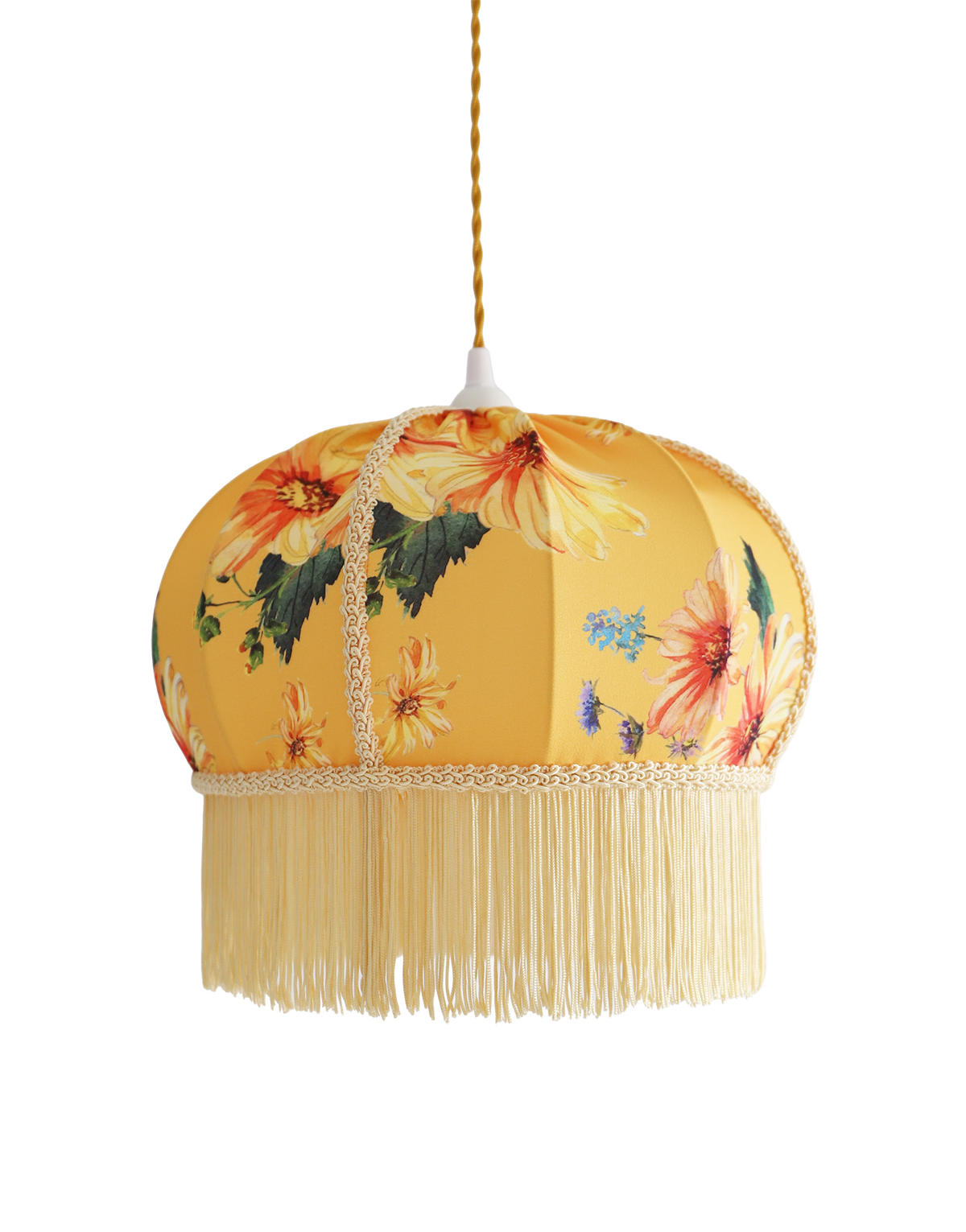 Suspension vintage recyclée — Carcasse ballon et habillage Dahlias jaunes