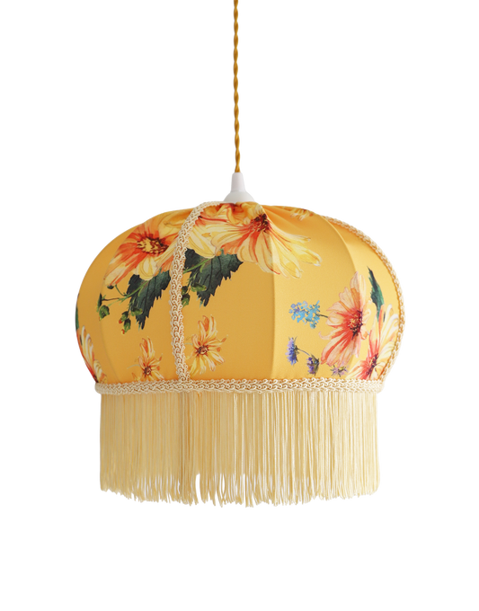 Suspension vintage recyclée — Carcasse ballon et habillage Dahlias jaunes