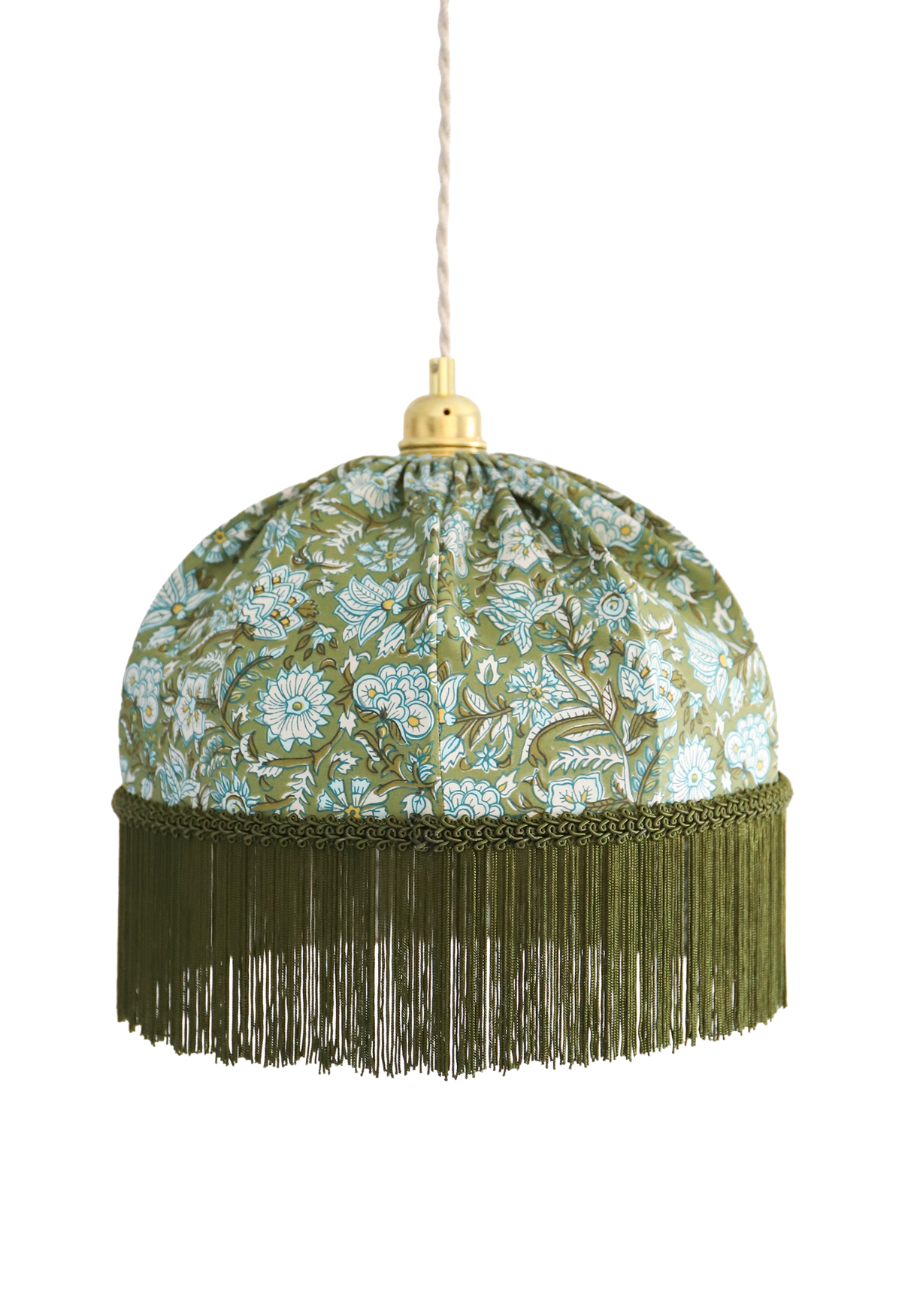 Suspension vintage recyclée fleurie vert sauge à franges — pièce unique