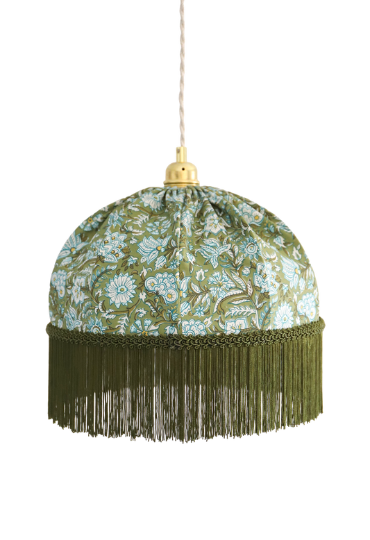 Vintage upcycled sage green floral pendant light with fringe — one-of-a-kind piece