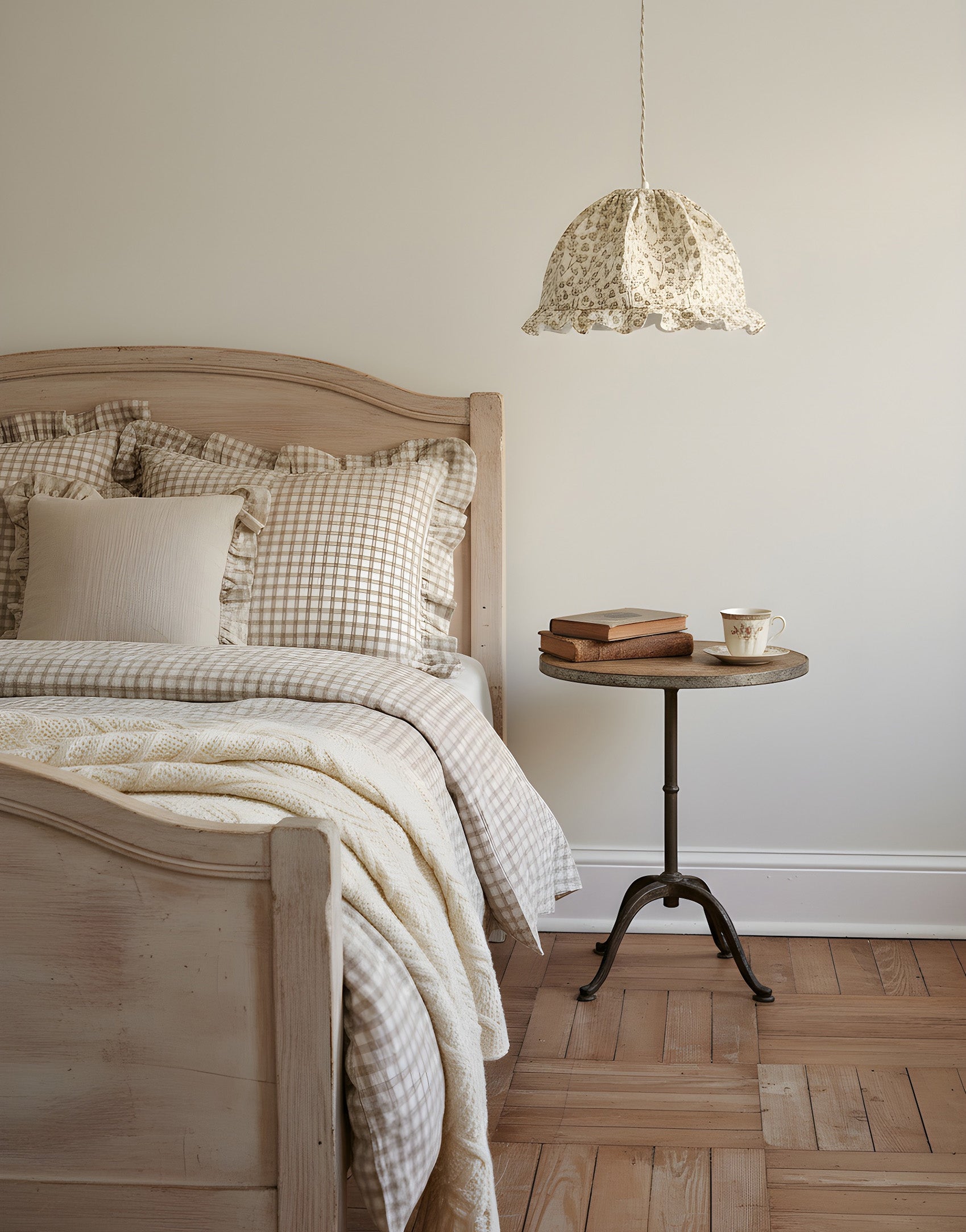 Suspension dôme arrondi imprimée de motifs brindilles au-dessus d'un lit en bois clair avec rideaux beige, et chevet en table ronde avec livres et tasse.