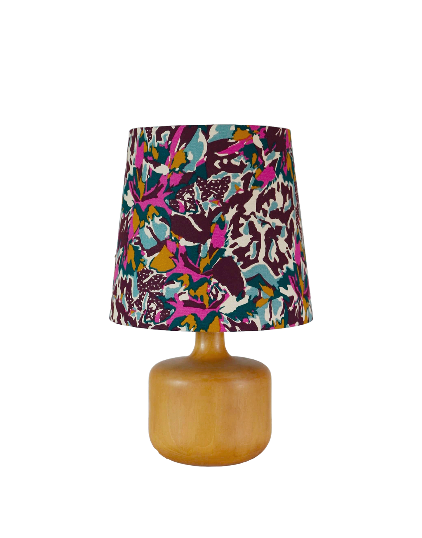 Lampe à poser vintage, pied en bois blond et abat-jour imprimé