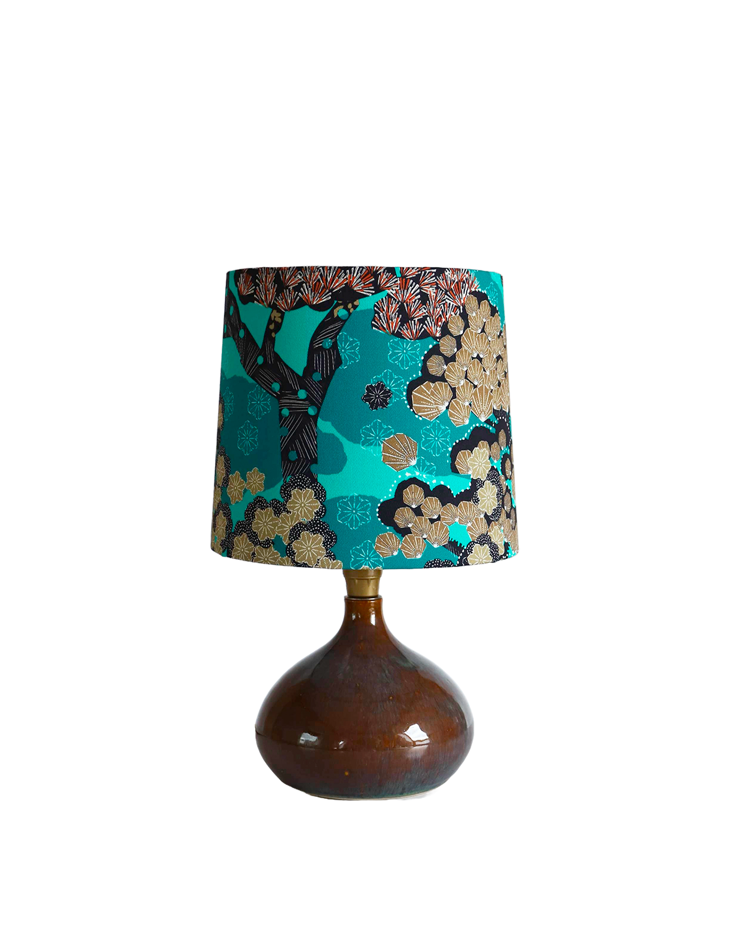 Lampe à poser vintage, pied en grès et abat-jour imprimé